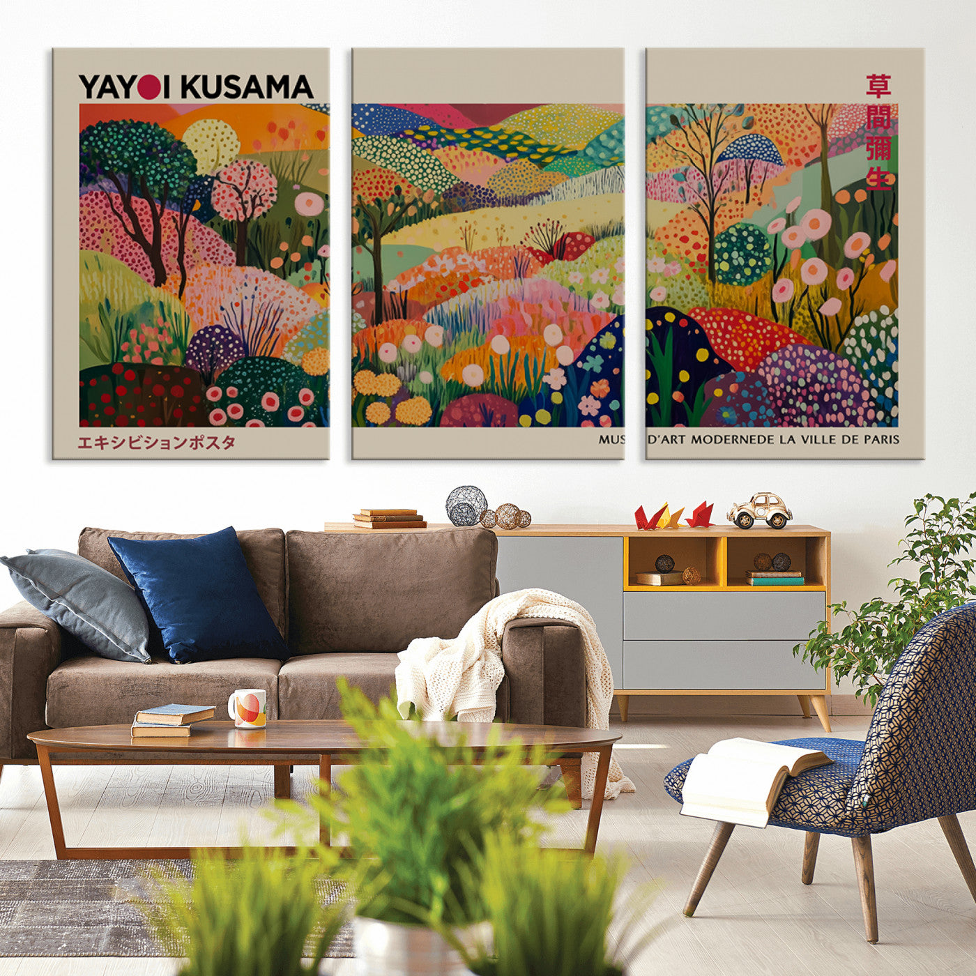 MGV-CV-60X30-3P - Framed Yayoi Kusama 1986 Wall Art Print – Japanese Wall Art Print, Wabi Sabi Yayoi Kusama Print -
