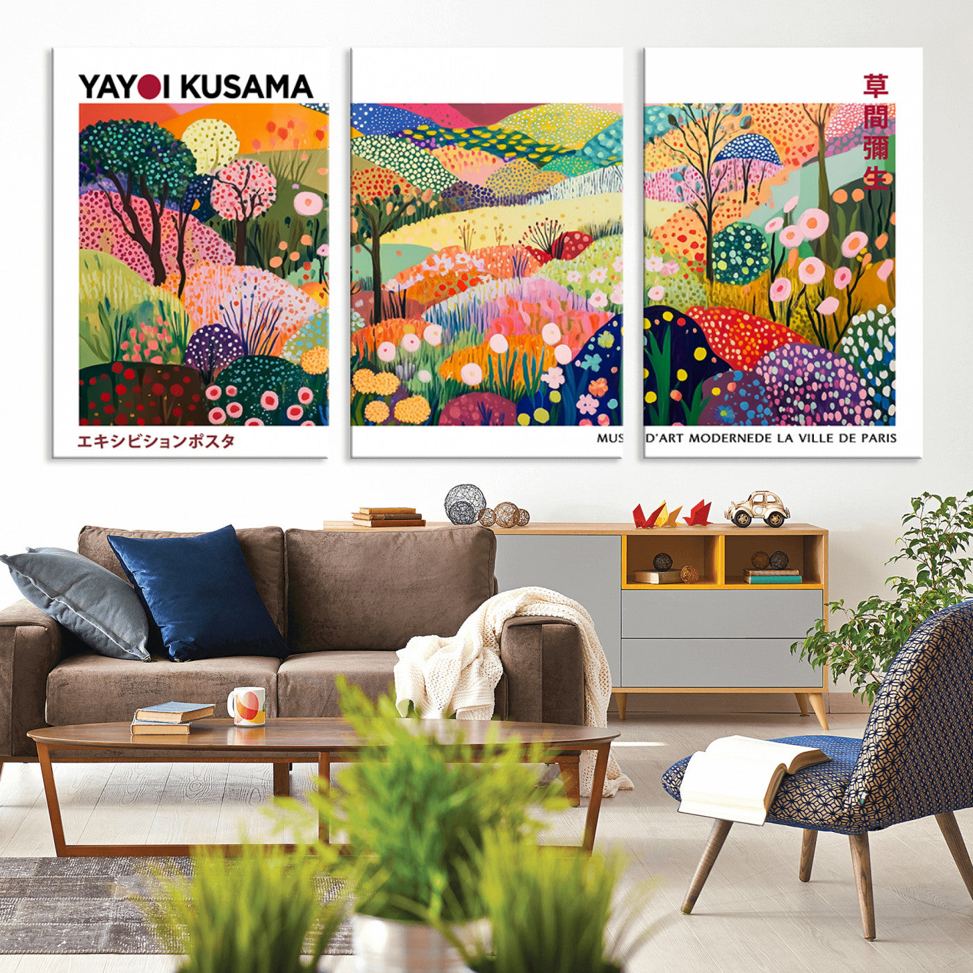 MGV-CV-60X30-3P - Framed Yayoi Kusama 1986 Wall Art Print – Japanese Wall Art Print, Wabi Sabi Yayoi Kusama Print -