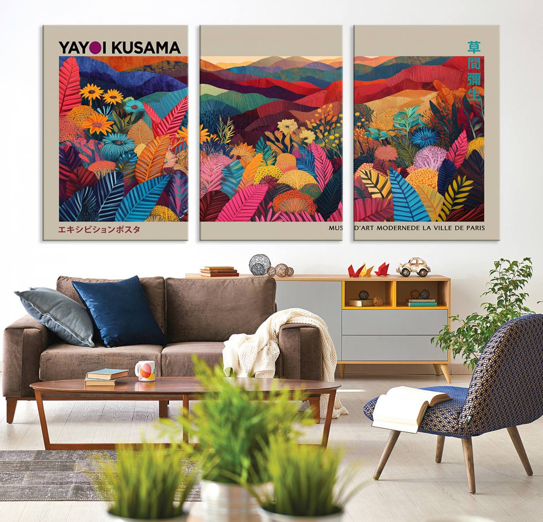 A Yayoi Kusama 1986 wall art print adds color in a modern living room.