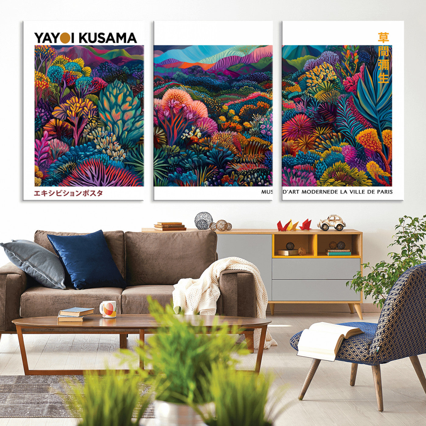 MGV-CV-60X30-3P - Framed Yayoi Kusama 1986 Wall Art Print – Japanese Wall Art Print, Wabi Sabi Yayoi Kusama Print -