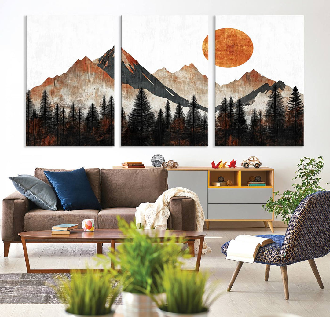 The "Modern Abstract Mountain Canvas Wall Art Print" in the living room features an abstract landscape of mountains, trees, and a warm-toned sun.