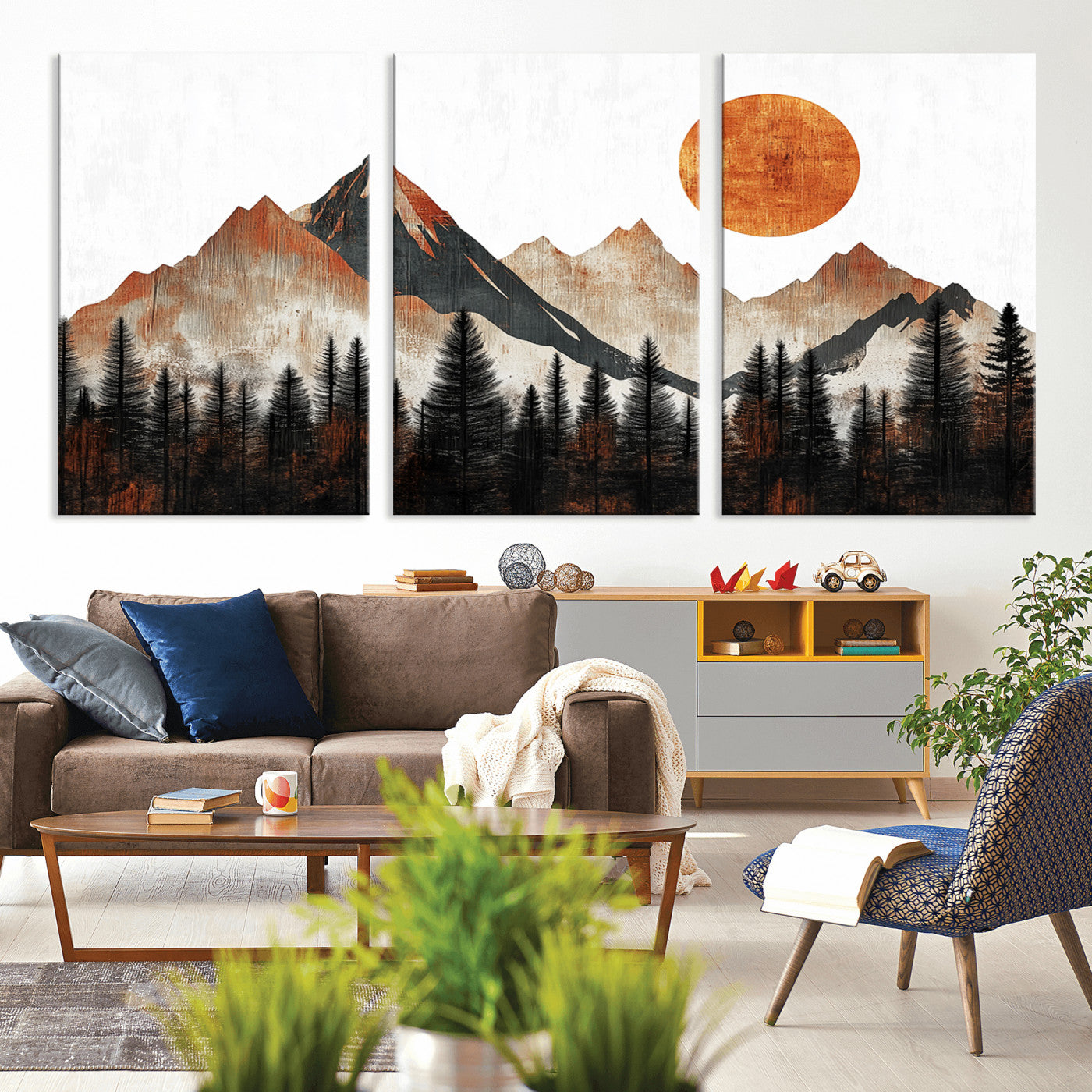 MGV-CV-60X30-3P - Modern Abstract Mountain Canvas Wall Art Print, Abstract Landscape Print, Rustic Sun and Mountains