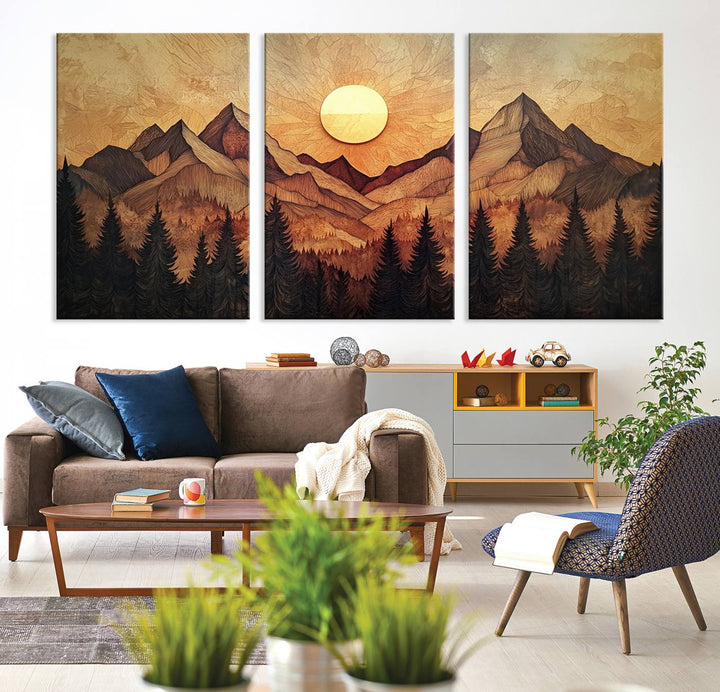 The dining area features a Wood Style Abstract Mountain Sunset canvas wall art print.