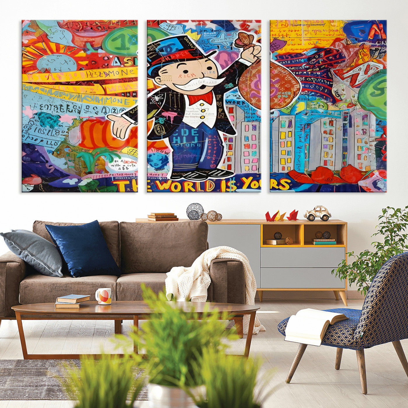 MGV-CV-60X30-3P - Pop Art Monopoly Man Canvas Wall Art Print - Bold and Colorful Street Art-Inspired Decor for Living