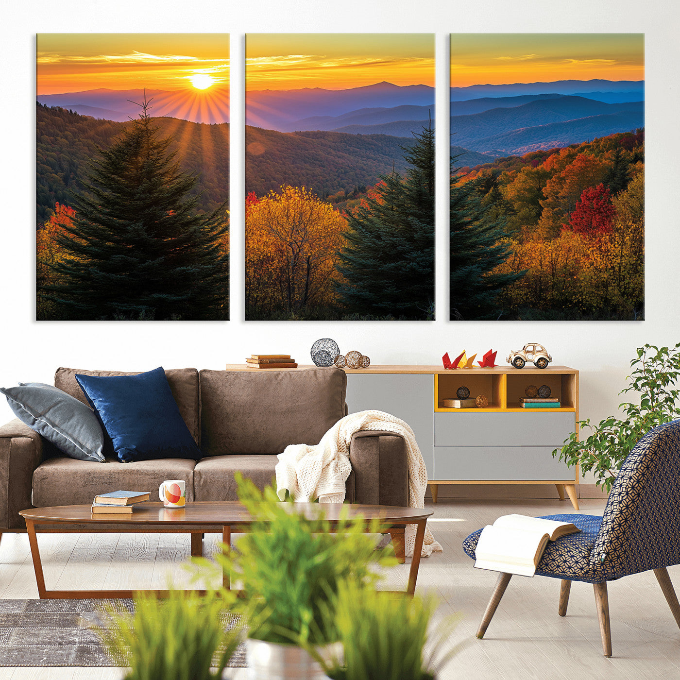 MGV-CV-60X30-3P - Golden Sunset Over Mountain Forest Canvas Wall Art Print - Warm Nature-Inspired Landscape for Living