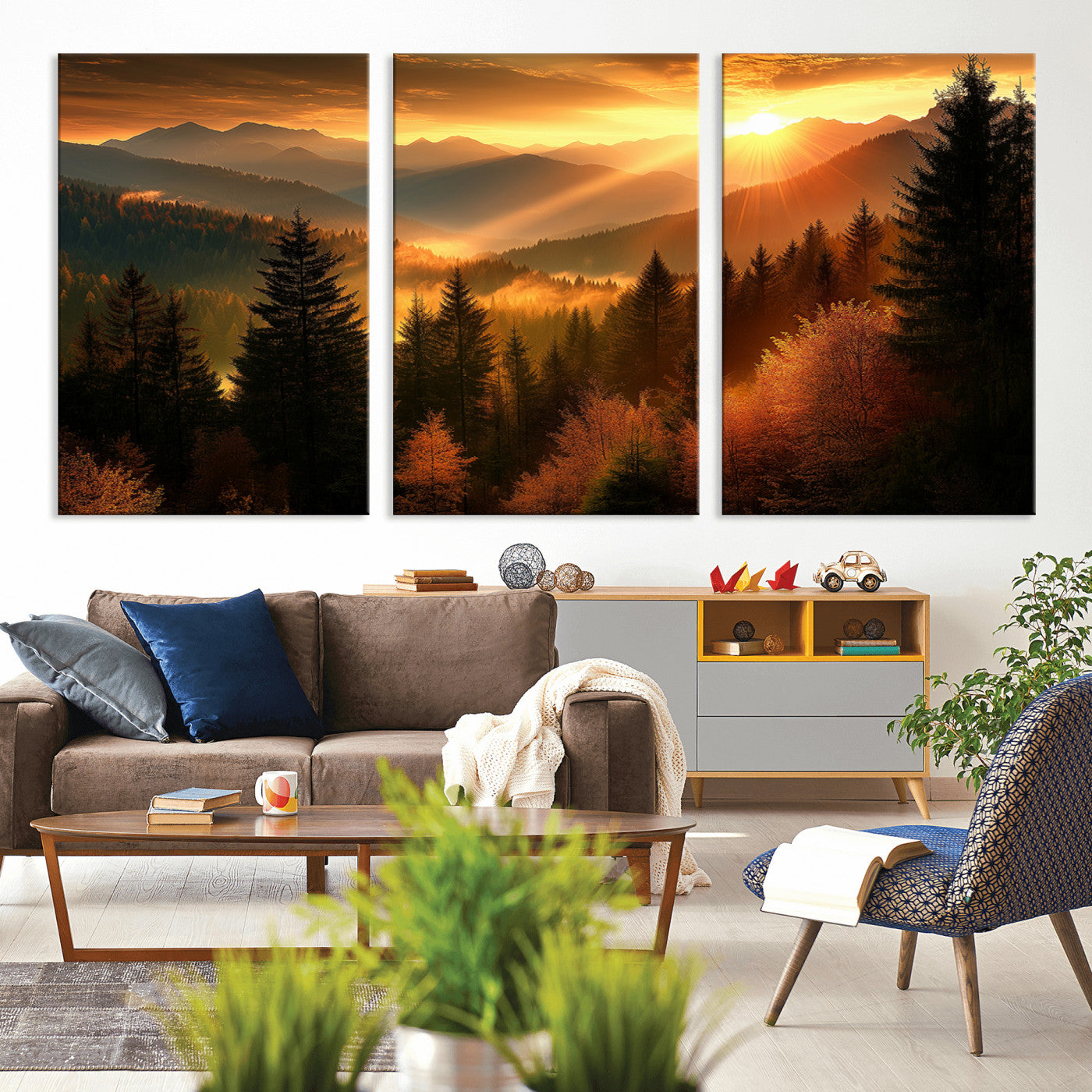 MGV-CV-60X30-3P - Golden Sunset Over Mountain Forest Canvas Wall Art Print - Warm Nature Landscape Print