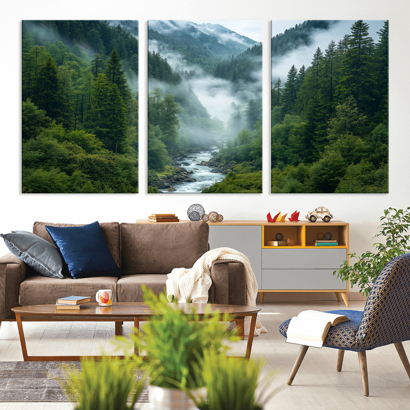 MGV-CV-60X30-3P - Mountain Forest River Canvas Wall Art Print - Serene Nature Landscape for Living Room, Office, or