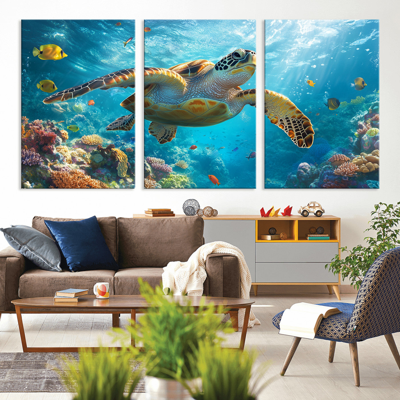 MGV-CV-60X30-3P - Sea Turtle Underwater Canvas Wall Art Print - Vibrant Ocean Wildlife Decor, Marine Wall Art