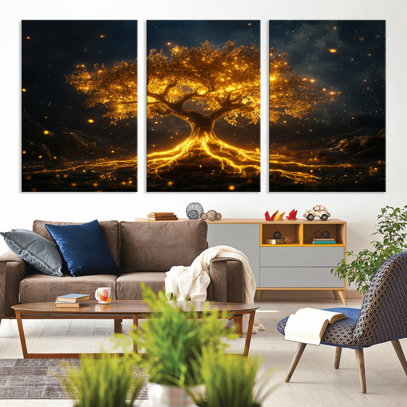 MGV-CV-60X30-3P - Golden Tree of Life Canvas Wall Art Print - Majestic Glowing Tree Design for Living Room, Office, or