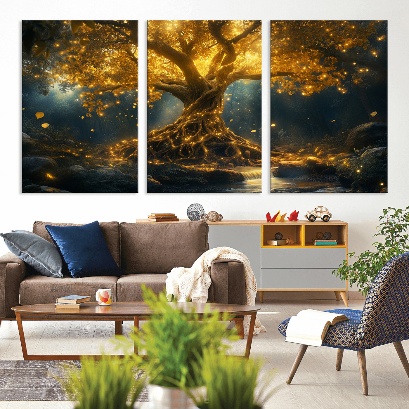 MGV-CV-60X30-3P - Golden Tree of Life Canvas Wall Art Print - Majestic Glowing Tree Wall Art Print