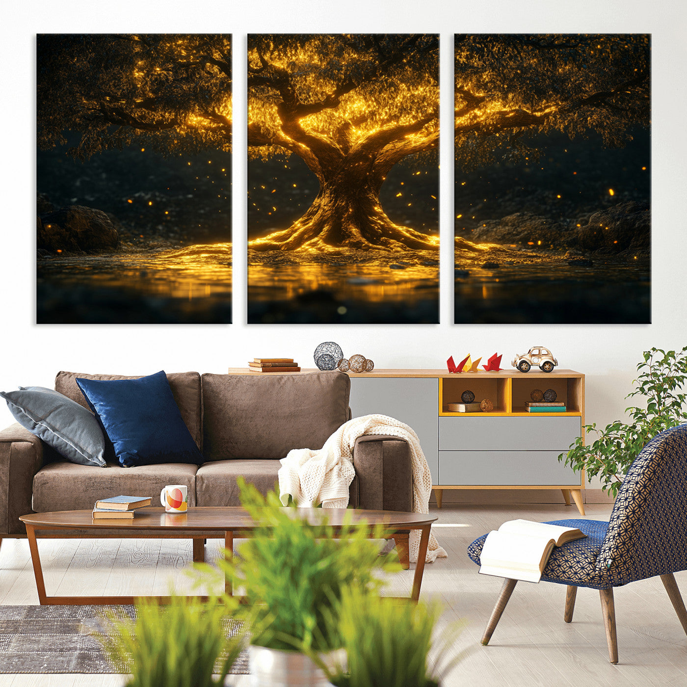 MGV-CV-60X30-3P - Golden Tree of Life Canvas Wall Art Print - Majestic Glowing Tree Wall Art Print
