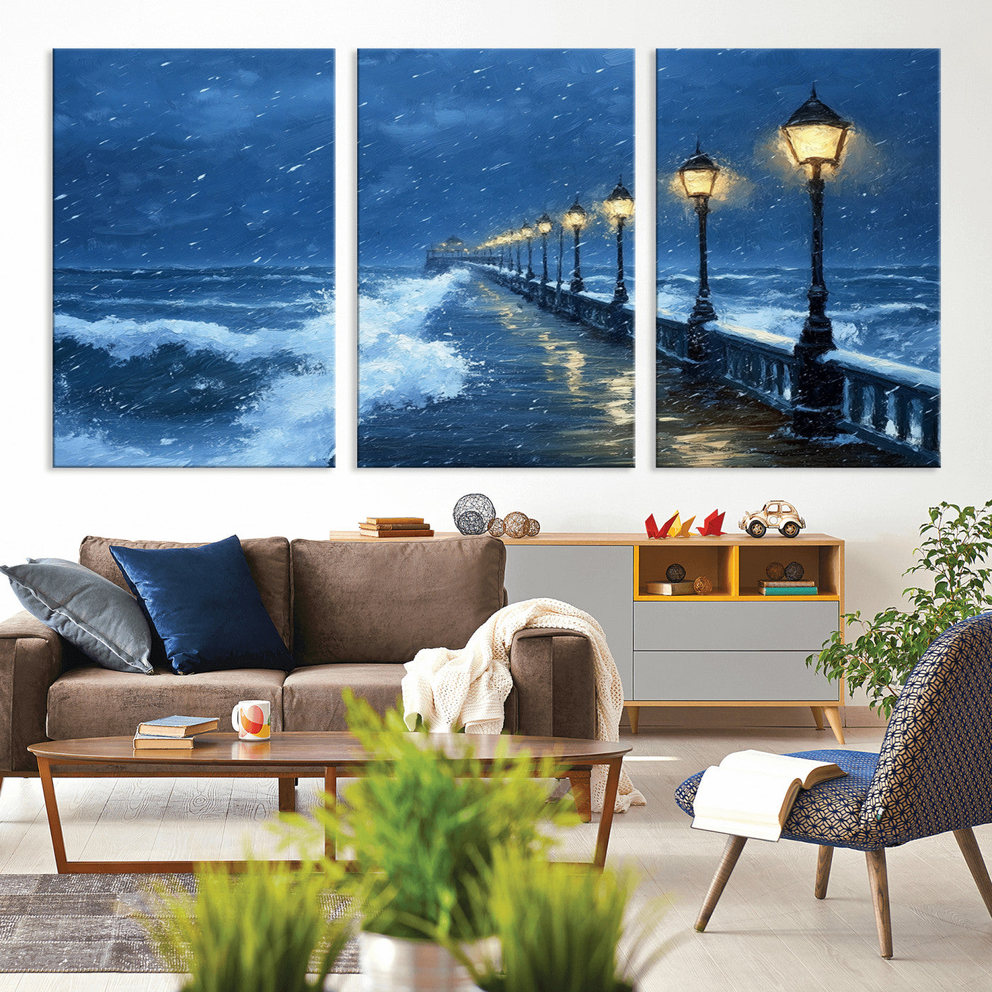 MGV-CV-60X30-3P - Stormy Ocean Pier Lights Canvas Wall Art Print - Large Moody Night Scene for Living Room, or Office,