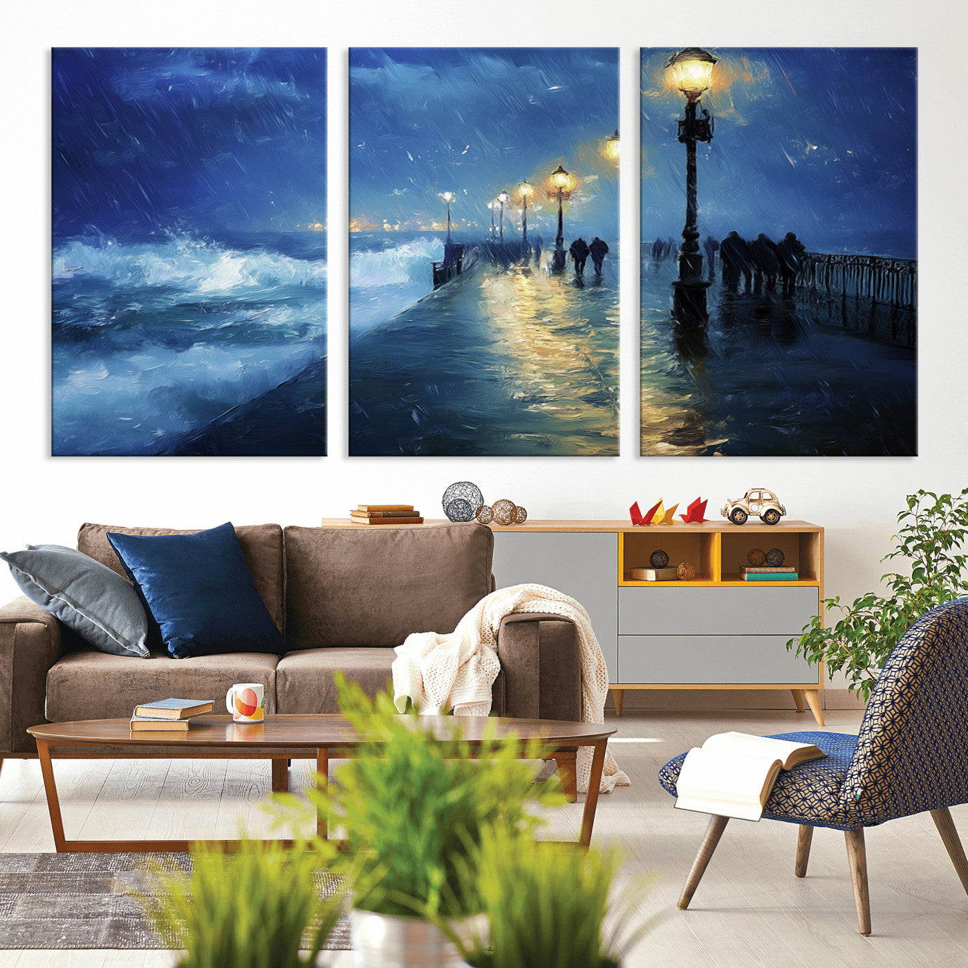 MGV-CV-60X30-3P - Abstract Stormy Ocean Pier Canvas Wall Art Print | Stormy Ocean Art | Large Moody Night Scene Print,