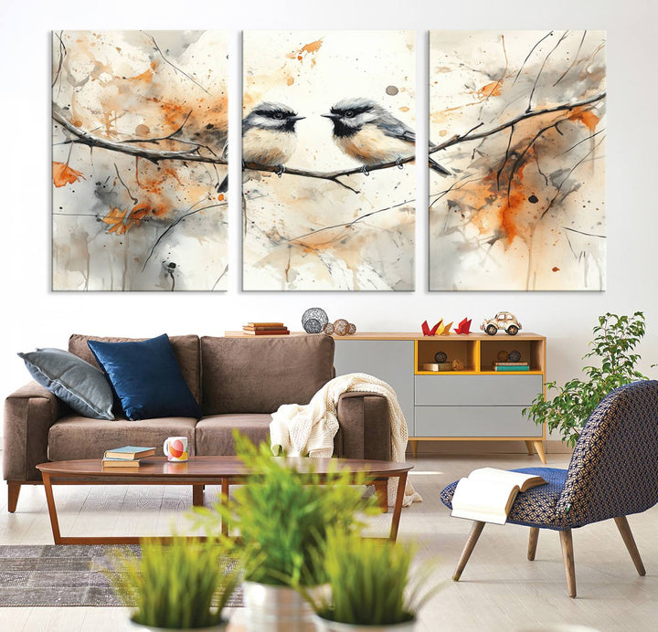 Abstract Watercolor Chickadee Bird Canvas Wall Art Print - Large Bird and Branch Wall Art, Modern Wildlife Wall Decor