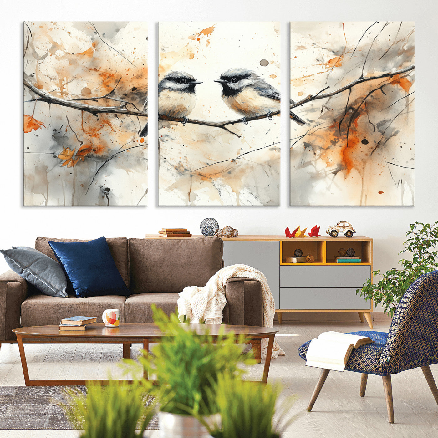 MGV-CV-60X30-3P - Abstract Watercolor Chickadee Bird Canvas Wall Art Print - Large Bird and Branch Wall Art, Modern