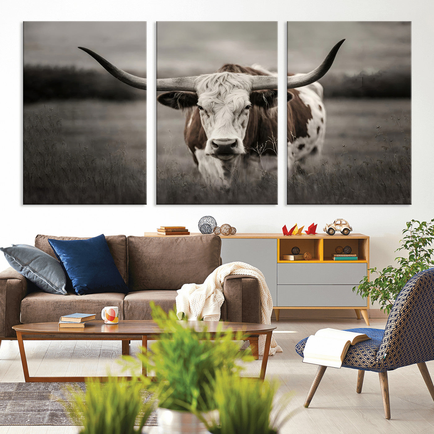 MGV-CV-60X30-3P - Texas Longhorn Cow Canvas Wall Art Print - Large Rustic Longhorn Art for Living Room, Western Wall
