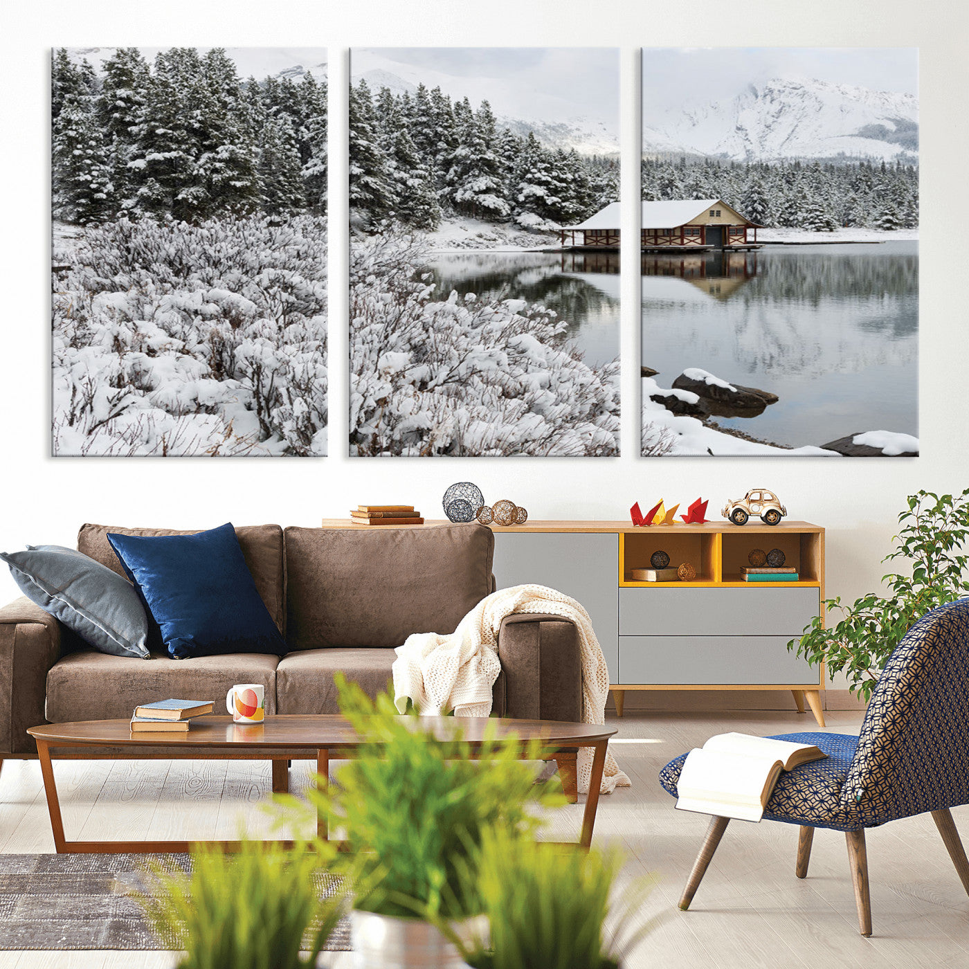 MGV-CV-60X30-3P - Winter Wall Art - Cabin by the Lake Canvas Wall Art - Serene Snowy Landscape with Mountain View,
