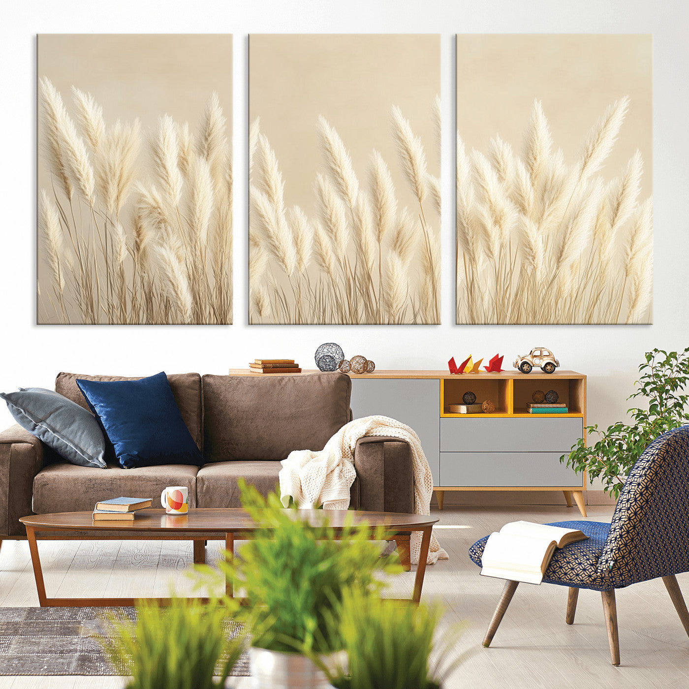 MGV-CV-60X30-3P - Grass Wall Art Print - Elegant Neutral Decor for Living Room, Boho Minimalist Artwork, Ready to Hang