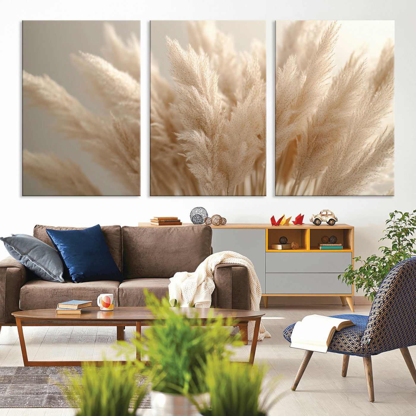 MGV-CV-60X30-3P - Pampas Grass Canvas Wall Art - Elegant Neutral Decor for Living Room, Boho Minimalist Artwork, Ready