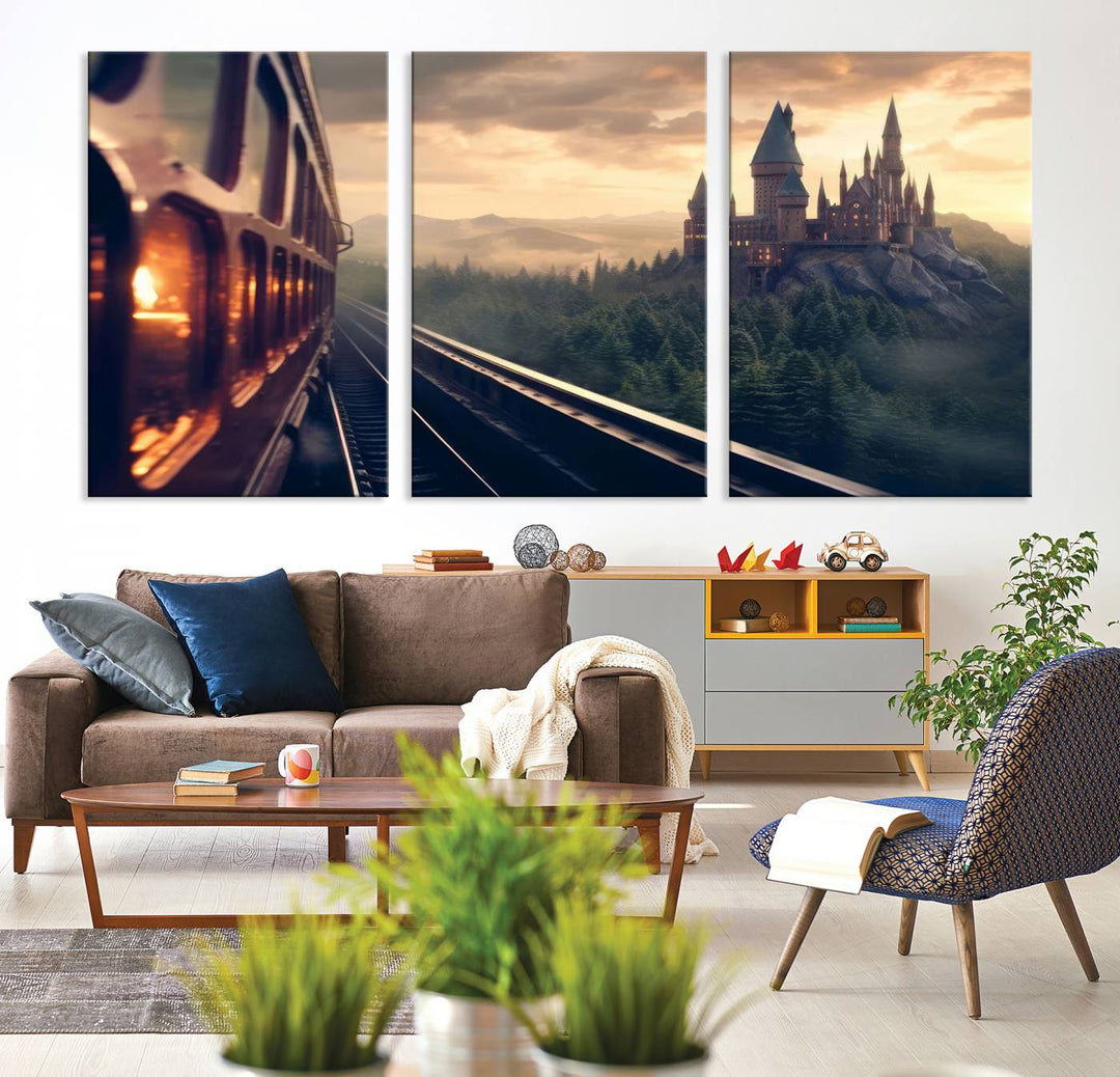 The "Harry Castle Wall Art Canvas Print," depicting a train and castle at sunrise, is elegantly featured with its gallery-quality finish in the modern living room.