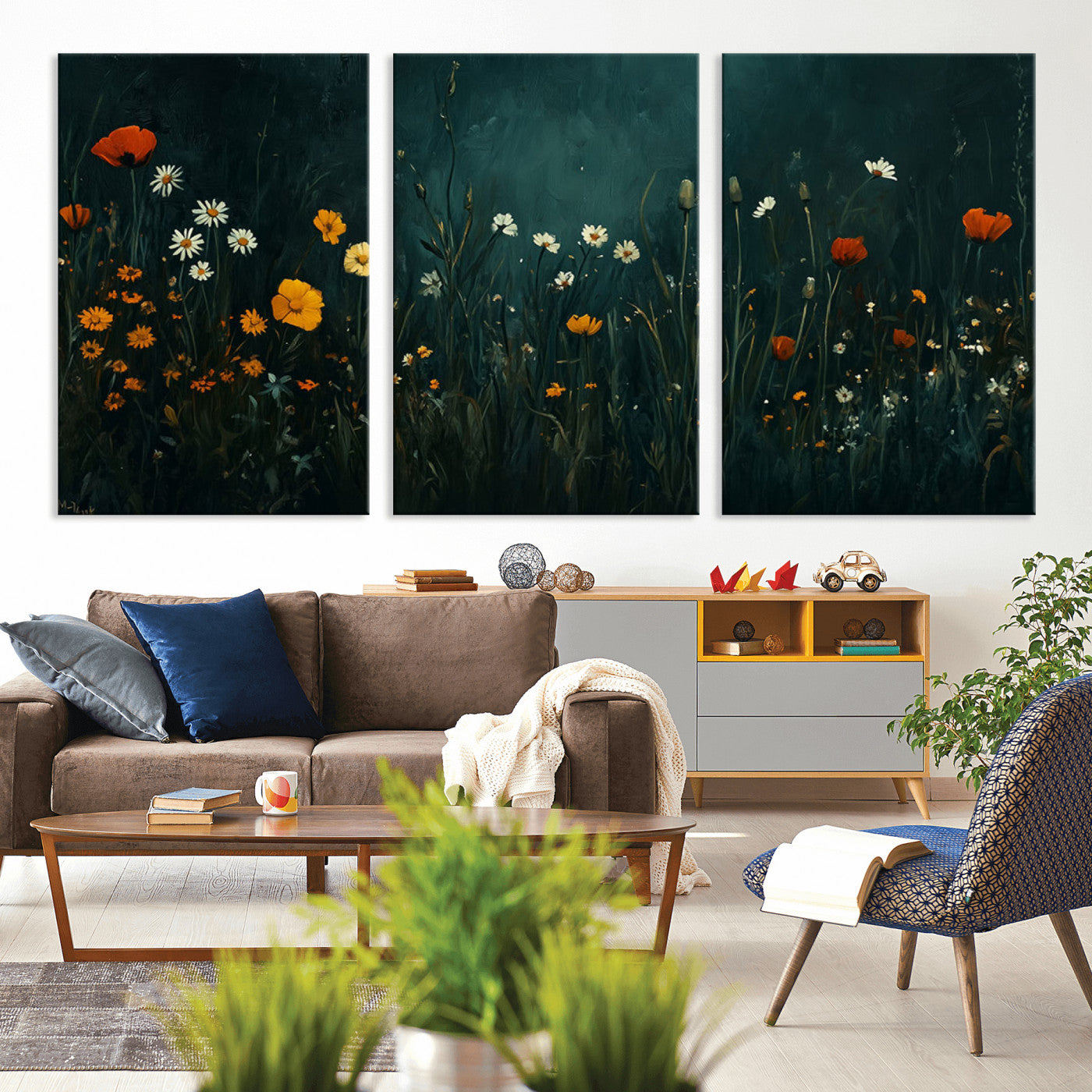 MGV-CV-60X30-3P - Framed Wildflower Field Wall Art, Framed Vintage Botanical Landscape Sign, Floral Decor, Modern