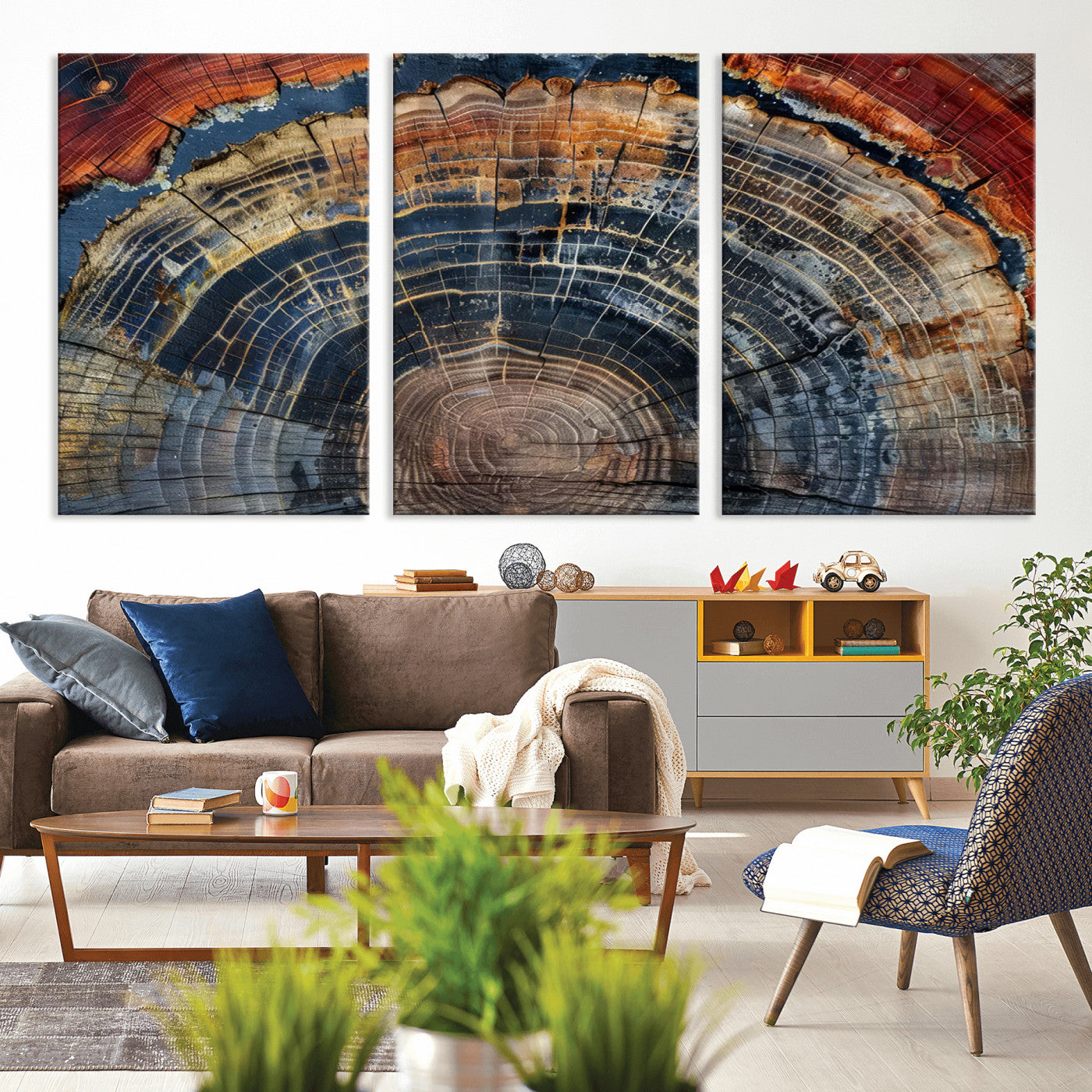 MGV-CV-60X30-3P - Abstract Tree Ring Wall Art, Colorful Framed Tree Ring Wall Decor, Minimalist Home Canvas Art,