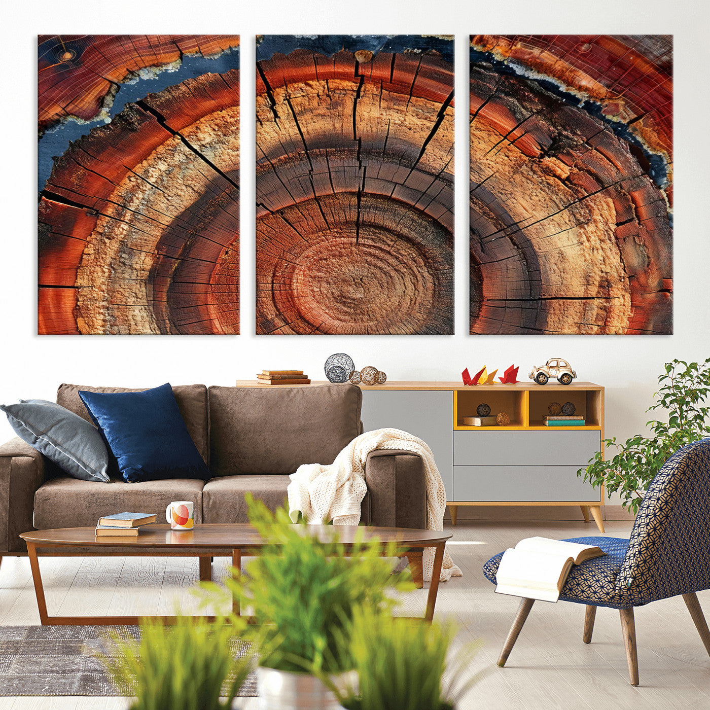 MGV-CV-60X30-3P - Abstract Tree Ring Art, Colorful Tree Ring Wall Decor, Minimalist Home Canvas Art, Modern Farmhouse