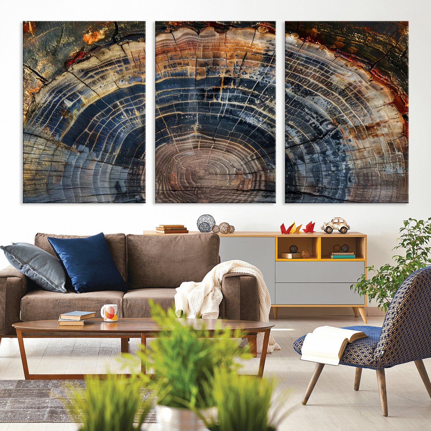 MGV-CV-60X30-3P - Framed Tree Ring Wall Art - Abstract Colorful Tree Ring Wall Decor, Minimalist Home Canvas Art,