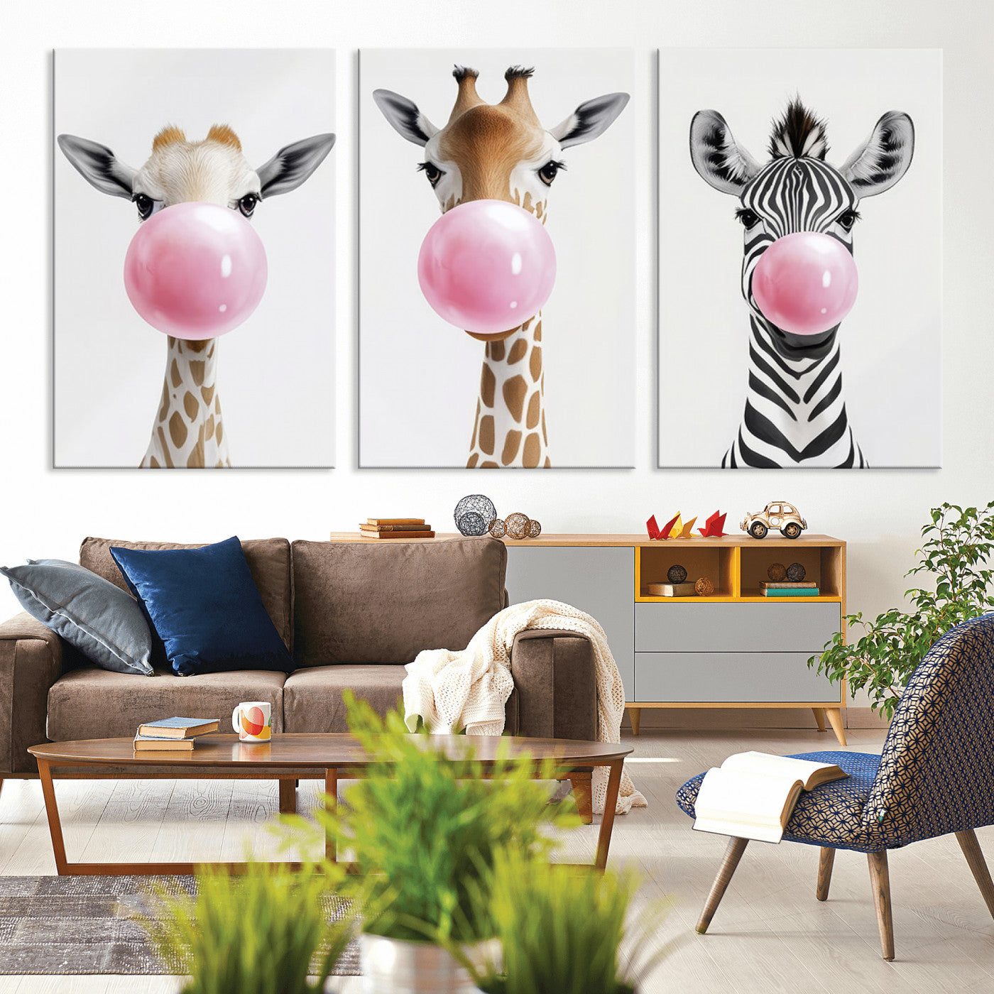 MGV-CV-60X30-3P - Bubblegum Animals Canvas Wall Art - Playful Giraffe and Zebra Trio, Fun Nursery Decor for Kids'