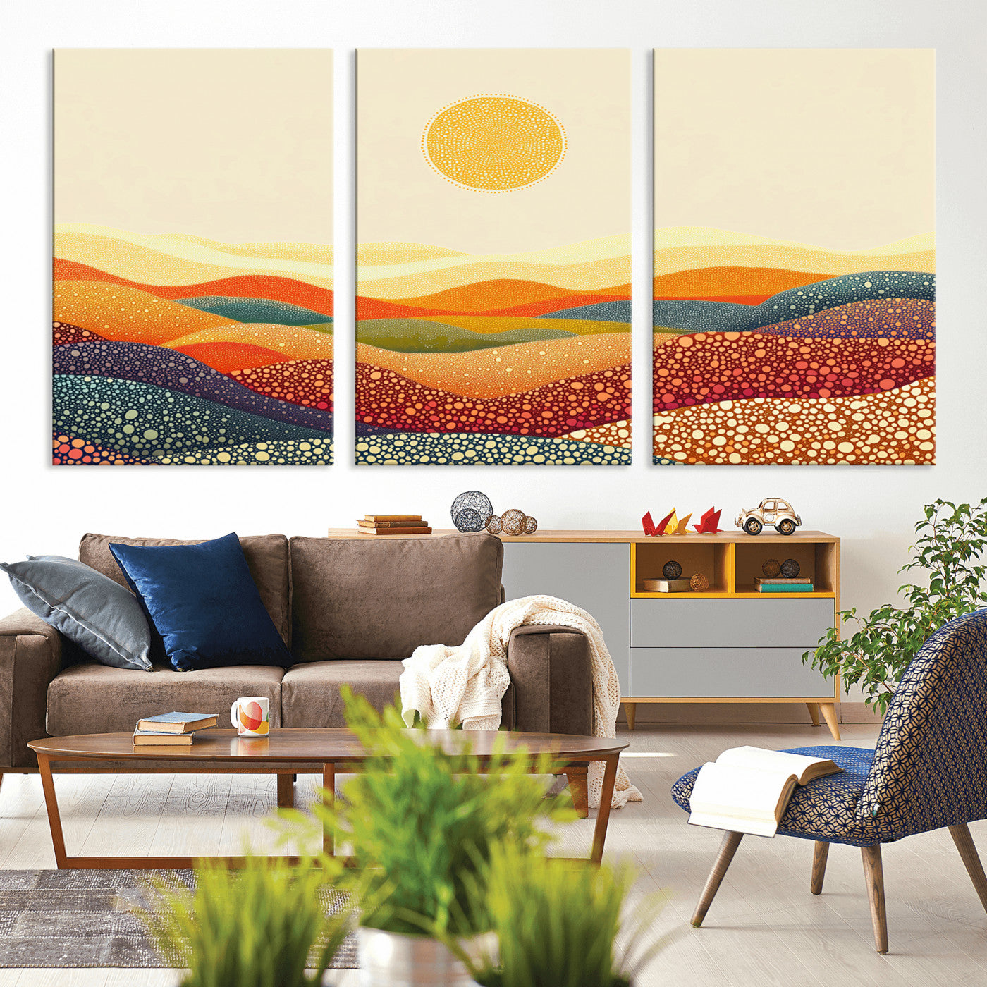 MGV-CV-60X30-3P - YAYOI KUSAMA Colorful Dot Art Landscape Canvas - Framed Abstract Pointillism Inspired by Nature with