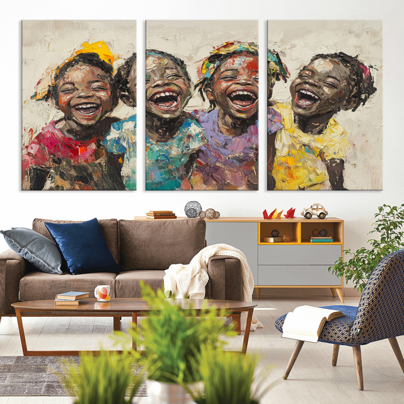 MGV-CV-60X30-3P - Shai Yossef style Joyful Childhood Canvas Wall Art - Expressive Impasto Painting of Black Children