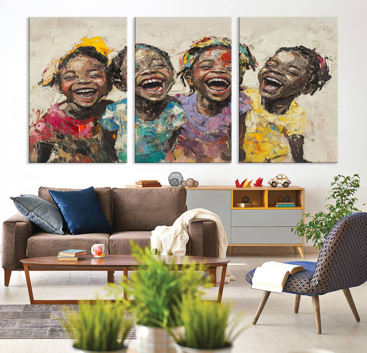 The Joyful Childhood Canvas Art by Shai Yossef, depicting kids laughing, is featured in the living room.