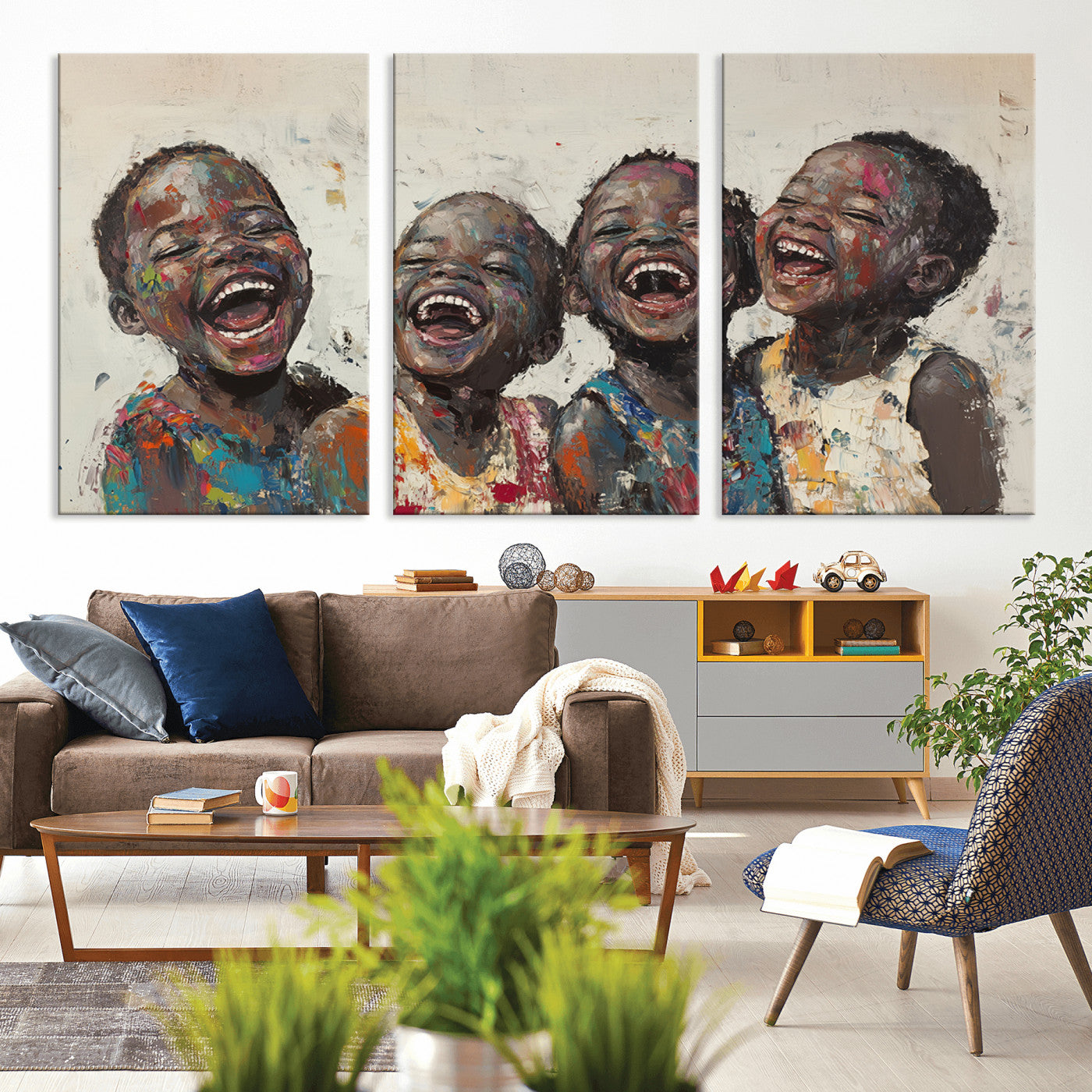 85256-MGV-CV-36X24-Shai Yossef Print - Joyful Childhood Canvas Wall Art - Expressive Impasto Painting of Laughing
