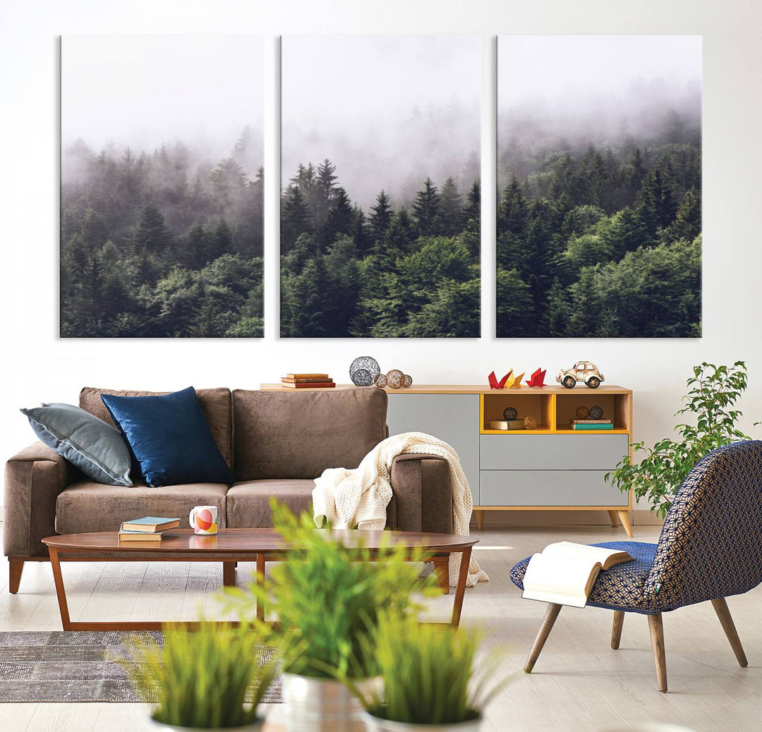 A serene triptych nature print featuring a misty forest, perfect as wall art.