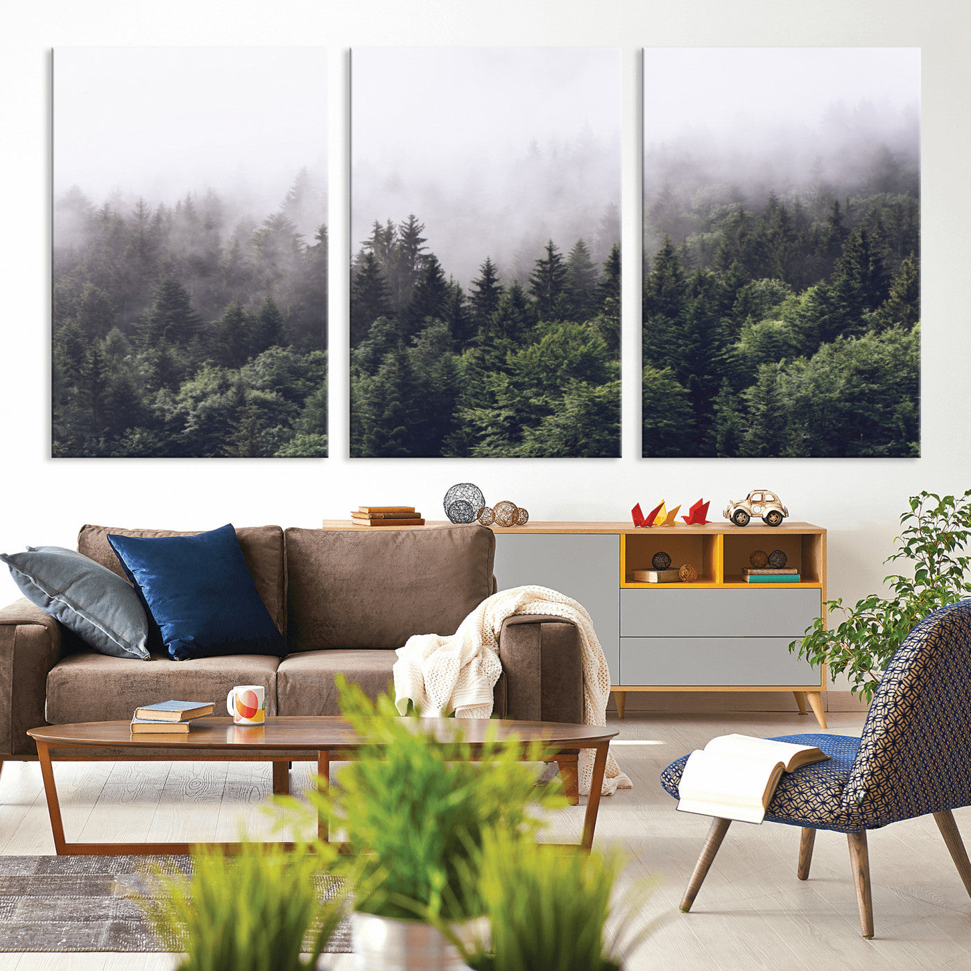 MGV-CV-60X30-3P - Misty Forest Wall Art | Foggy Forest Canvas Print | Large Nature-Inspired Misty Tree Landscape for