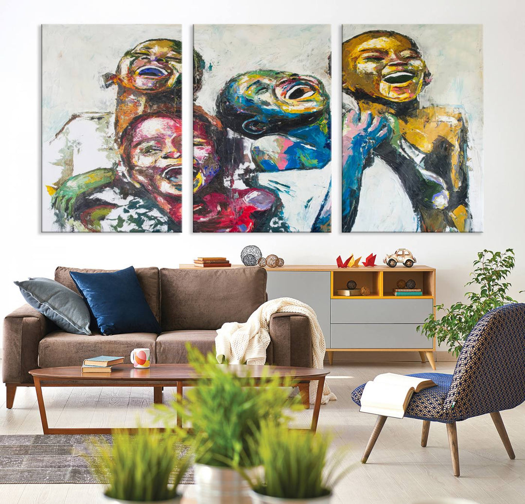 A multi-panel decor piece titled "Joyful African Black Kids" by Shai Yossef features a vibrant impasto painting of four children laughing and is elegantly displayed as premium canvas wall art.