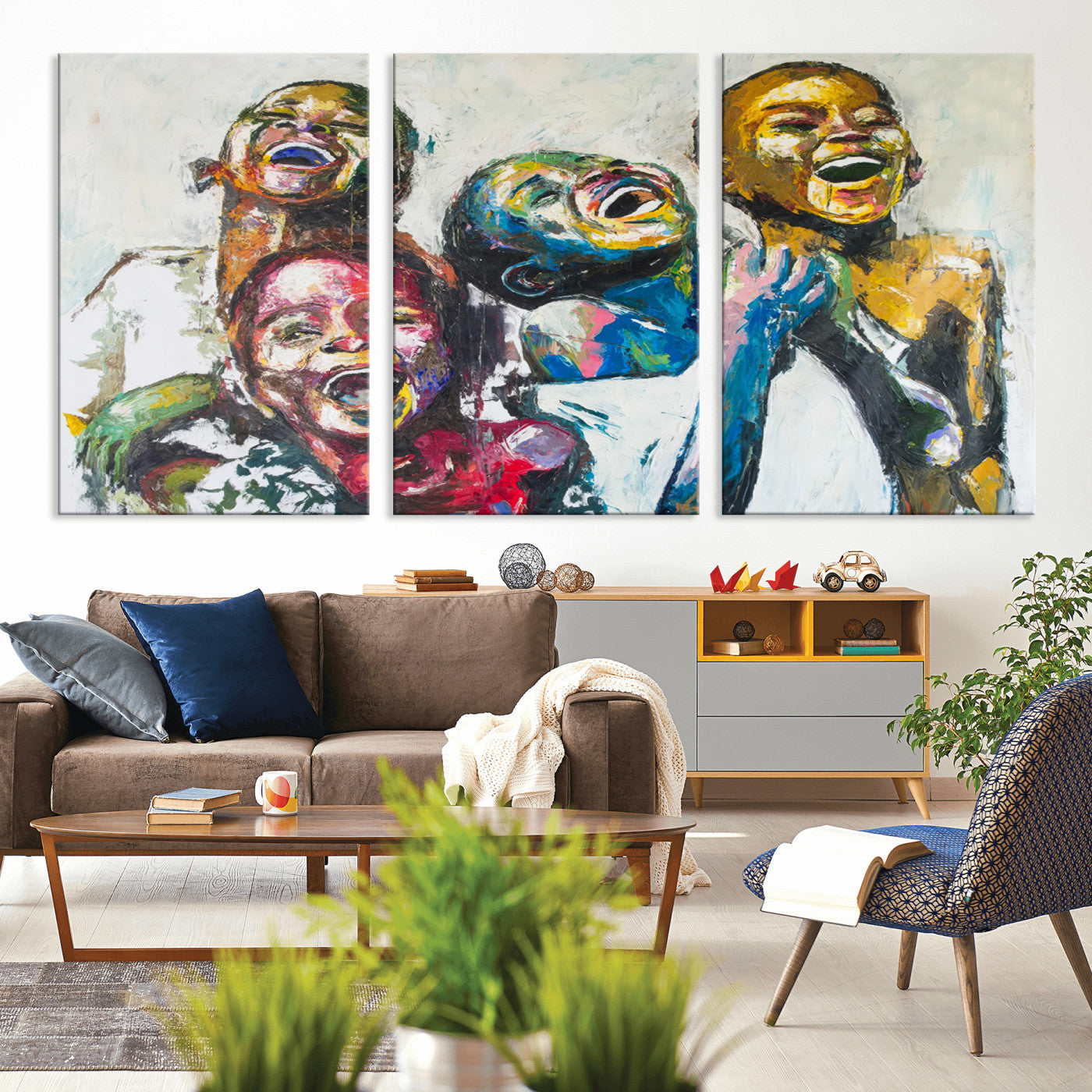 MGV-CV-60X30-3P - Shai Yossef Style Canvas Art - Joyful African Black Kids Impasto Painting with Vibrant Brushstrokes,
