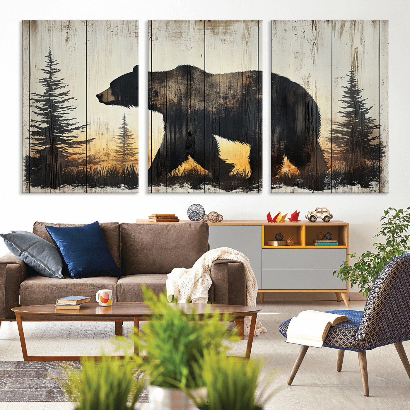83875-MGV-CV-36X24-Vintage Bear Wall Art Canvas Print for Farmhouse - Mountain Wood Canvas Wall Art - Forest Silhouette