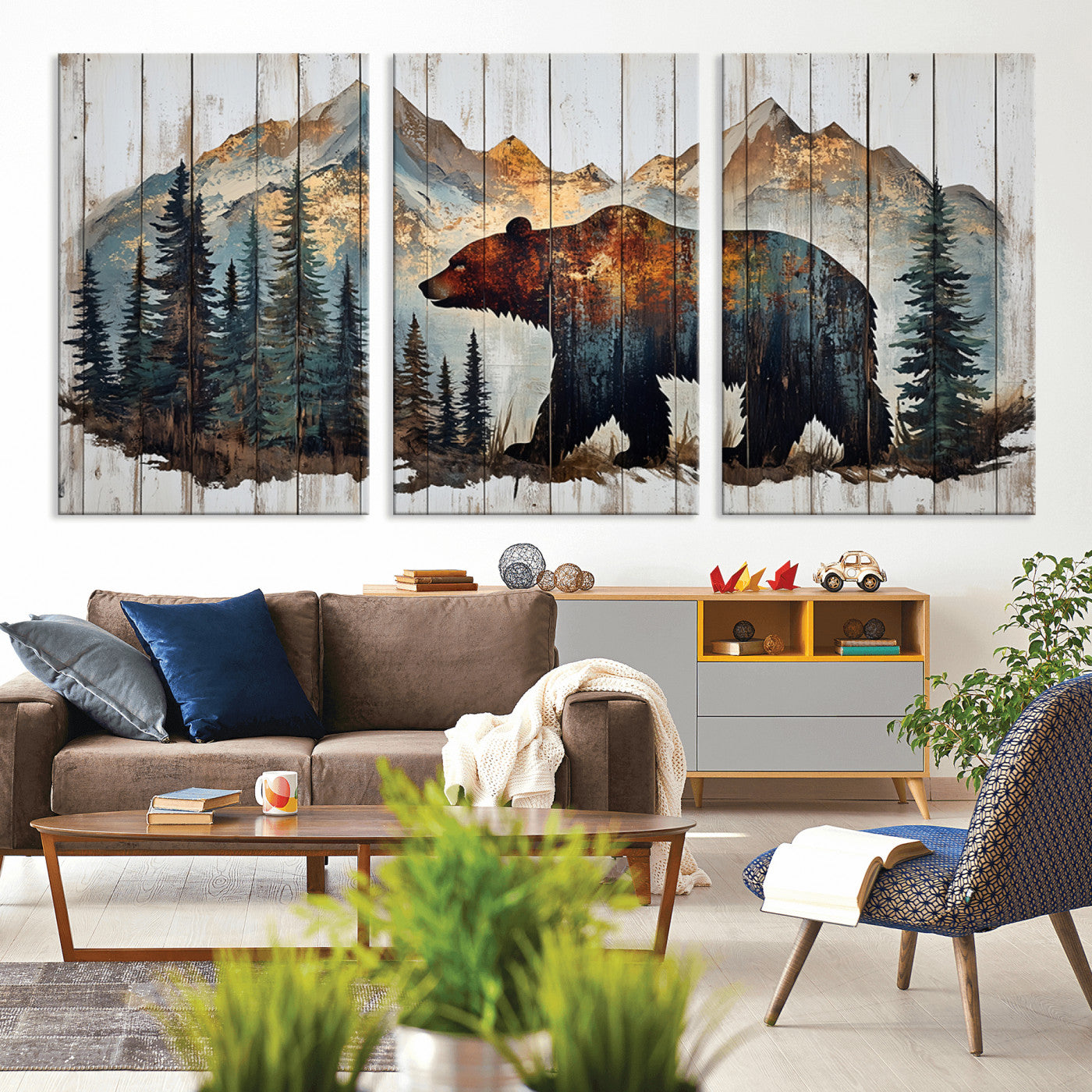 55777-MGV-CV-36X24-Rustic Grizzly 399 Bear and Mountain Wood Canvas Wall Art - Framed Nature Artwork with Forest