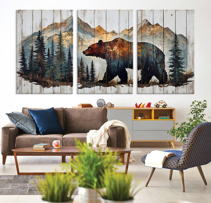 The living room features Rustic Grizzly 399 bear wall art, adding a cozy touch to the setup.