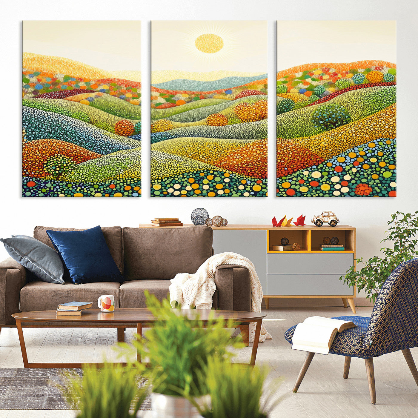 MGV-CV-60X30-3P - YAYOI KUSAMA Colorful Dot Art Landscape Canvas - Framed Abstract Pointillism Inspired by Nature with