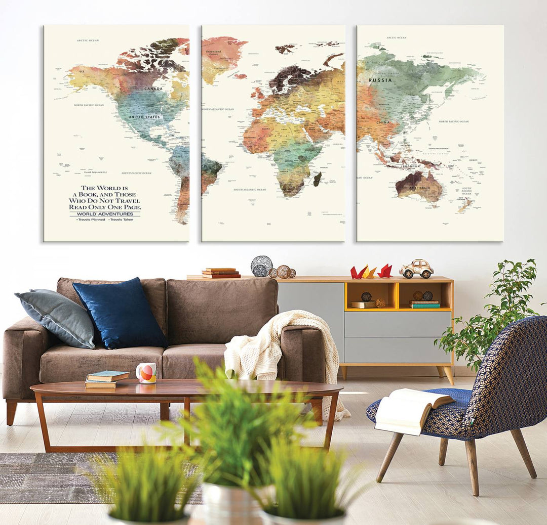 A colorful Personalized World Map Canvas Print, ideal as wall art for living room or office.