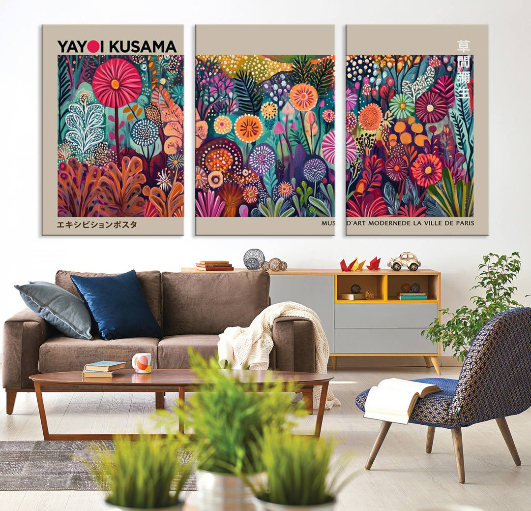 A framed "Yayoi Kusama Wall Art Canvas Print" showcases an abstract floral design, reflecting Japanese aesthetics.