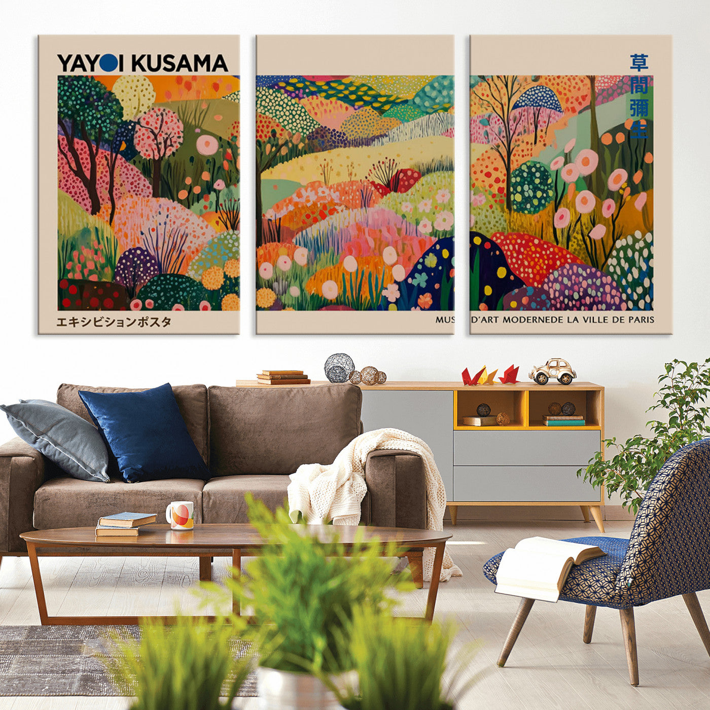 MGV-CV-60X30-3P - Yayoi Kusama Japanese Art Canvas Print, Abstract Art, Large Yayoi Kusama Framed Print, Japanese Wabi