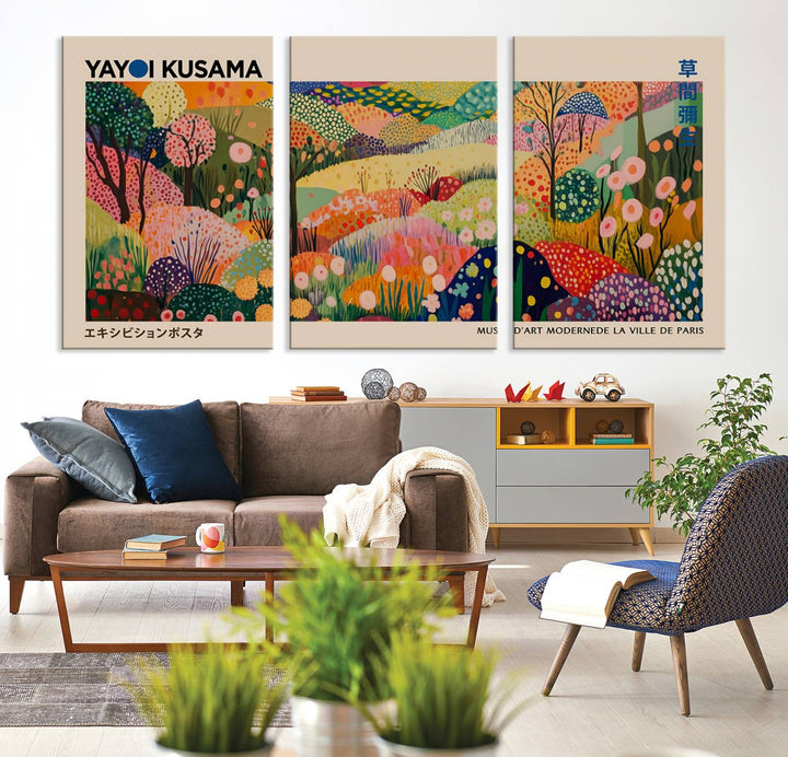 A Yayoi Kusama Wall Art Canvas Print featuring vibrant abstract floral patterns is displayed in a tranquil forest setting.