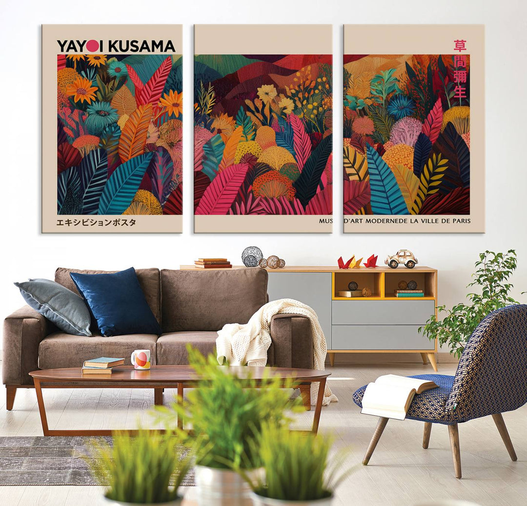 The Yayoi Kusama Inspired Wall Art Canvas Print features colorful flowers and foliage, presented with a premium canvas and gallery-quality finish.