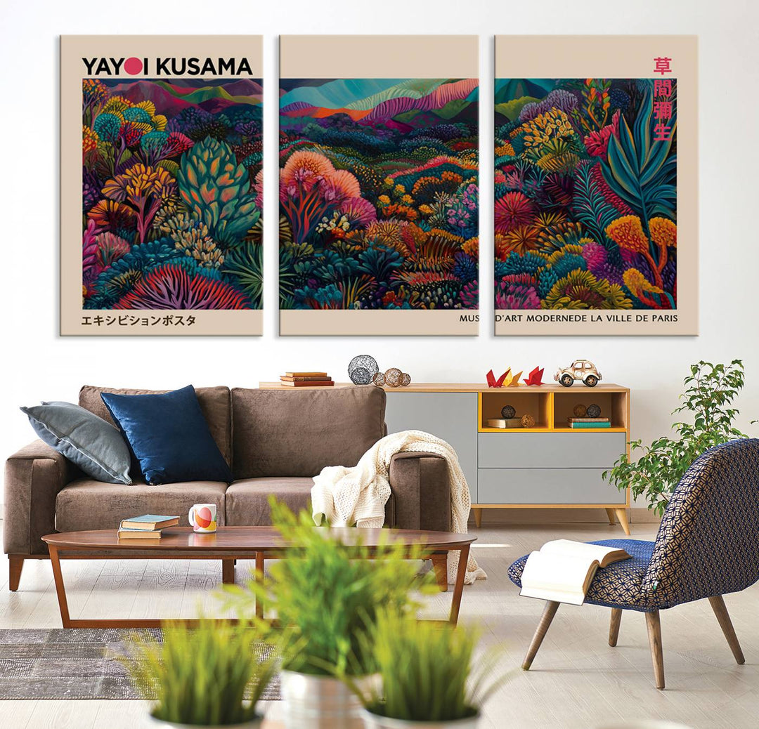 The Yayoi Kusama Wall Art Canvas Print features a vibrant and colorful landscape with abstract vegetation, perfectly capturing the essence of Japanese Wabi Sabi aesthetics.