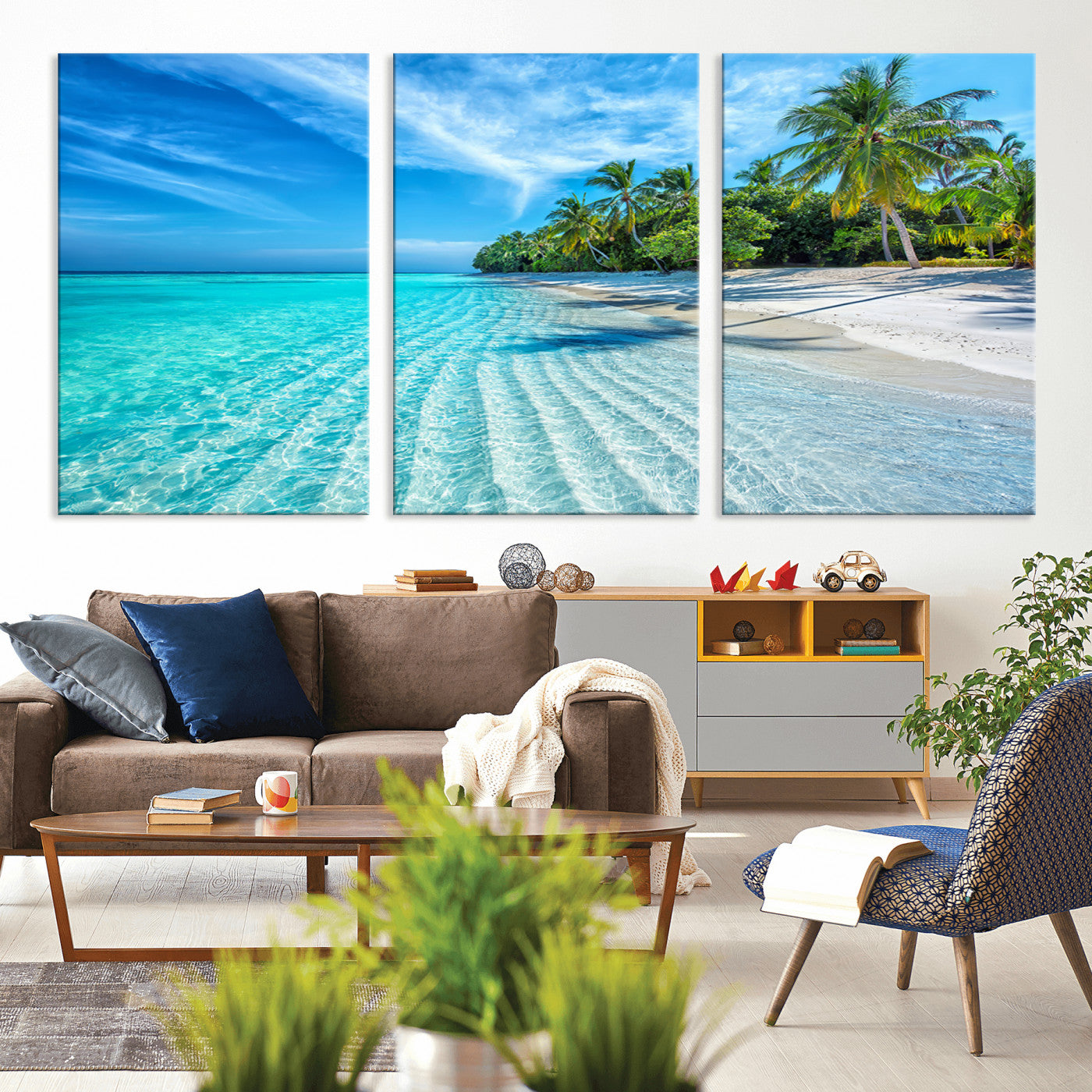 MGV-CV-60X30-3P - Tropical Beach Wall Art Canvas Print - Serene Ocean Landscape with Crystal Clear Turquoise Water and