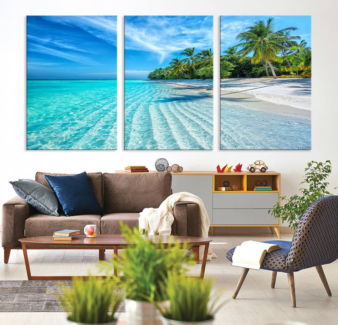 The Tropical Beach Wall Art Canvas Print features turquoise water and palm trees.