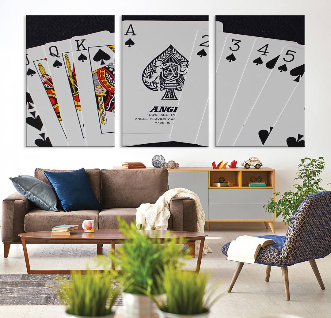 The oversized Poker Wall Art features the Ace of Spades and is displayed on a porch.